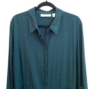 🖤🌲 Sejour Nordstrom Long Button Down Collared Black/Forest Green Check Shirt